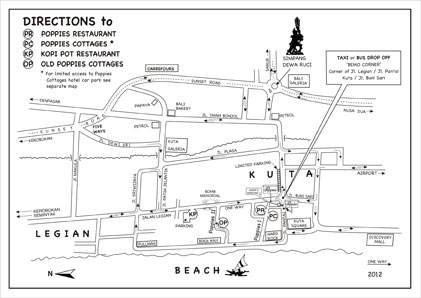 A printable map of how to get to Poppies Bali